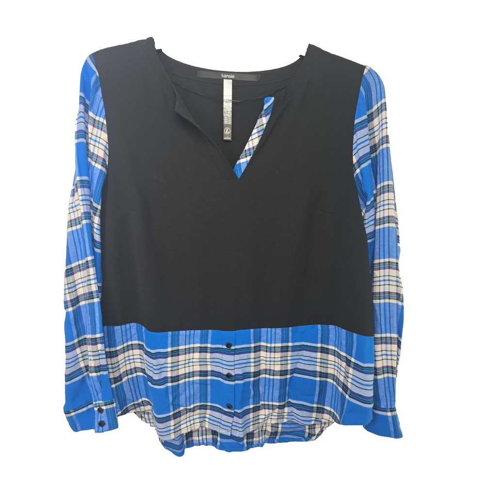 Kensie Women's Large Blue Plaid Black Contrast Long Sleeve Blouse Top
